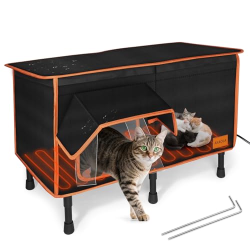Heated Outdoor Cat House for Outside Winter 100% Waterproof Oxford Tarpaulin with Safe Escape Door and 5" Elevated Base with Heater for Feral Barn Cat Kitty (26“x20”x14“)