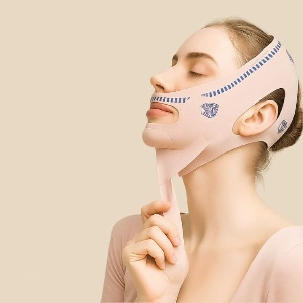 Fascia Viso V-Line Riutilizzabile Per Doppio Mento – Tonifica E Solleva Il Viso, Traspirante In Nylon Rosa, Regolabile E Adatta Giorno E Notte