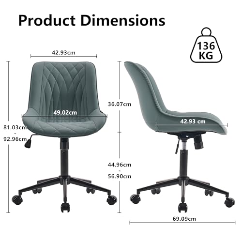 YOUNIKE Home Office Desk Chair with Wheels Modern Ergonomic Wide Task Chair with Adjustable Back Swivel Rolling Vanity Chair Faux Leather Comfortable Armless Computer Task Chair Study Greyish Green by YOUNIKE - Used condition - Image 2