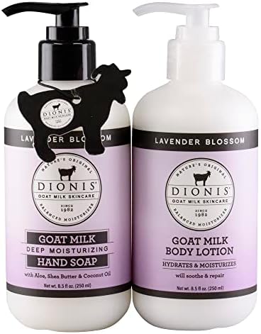 DionisGoat Milk Skincare Lavender Blossom Body Lotion & Hand Soap Gift Bundle - Lavender Scented Cream & Concentrated Liquid Soap Gently Clean, Moisturize & Nourish Dry Hands, 8.5 oz Pump Bottles