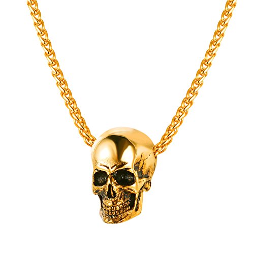 U7 Skull Necklace for Men 18K Gold Plated Punk Gothic Jewelry Cool Antique Skeleton Head Pendant with 22 Inch Chain