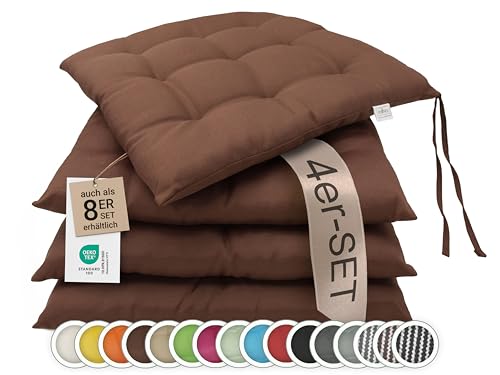 ZOLLNER 4er Set Sitzkissen in 40x40cm - gemütliche Stuhlkissen mit Bindebänder - waschbar bis 30°C - in braun - Oeko Tex® Zertifiziert