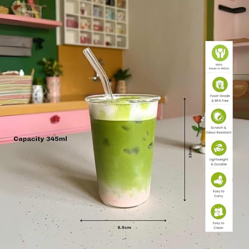 Image of PEBELLIFEWARE Aesthetic Glass Coffee Mugs (Set of 2) - Premium Borosilicate Clear Drinking Glasses for Iced Coffee, Matcha, Smoothies - Microwave & Dishwasher Safe (Conical Matcha 345ml)