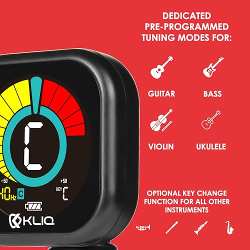 Image of KLIQ UberTuner PDQ, Rechargeable Clip-On Tuner for Guitar, Bass, Ukulele, Violin, Mandolin, Banjo & All Instruments, Fast & Accurate Chromatic Tuning Modes, Black
