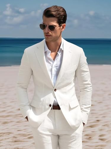 2 Piece Mens' Linen Suit Slim Fit Solid Summer Blazer Pants Sets Tuxedo Jacket Casual Formal Wedding Beach Suit2