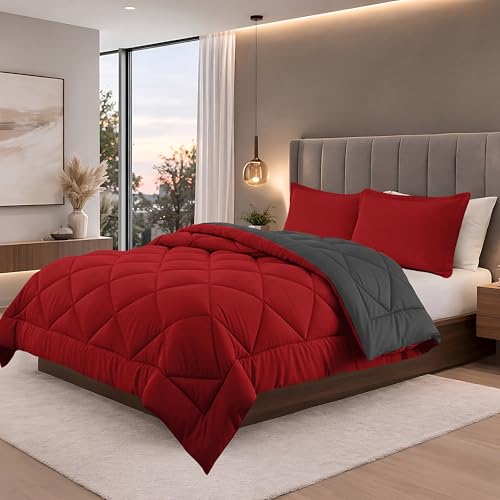 Ensemble 2PC édredon réversible Twin anti-déplacement rouge gris
