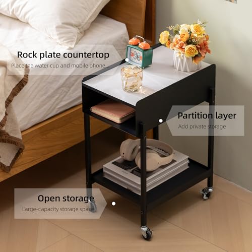 Image of Bedside Table with Wheels Rolling Nightstand 3-Tier (Black) | Modern Marble Top Easy Assembly Heavy Duty Metal Save space Bedroom Office Living Room