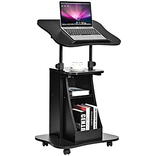 Hysache Lectern Podium Stand, Mobile Adjustable Height Lectern Podium with 4 Swivel Wheels, Rolling Office Desk Cart with 2-Layer Locker & Paperboard for Study, Classroom, Dorm Room (1)