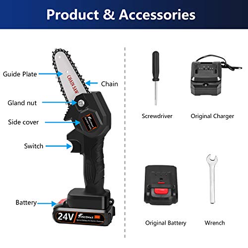 Foscomax Chainsaw, 4 Inch 24V Electric Chainsaw with Brushless Motor, Handheld Mini Chainsaw, Cordless Rechargeable Chain Saw, Pruning Shears for Tree Branch Wood Cutting