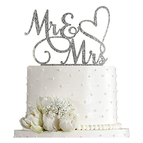 AMINJIE Mr and Mrs Cake Topper Decoration For Bride and Groom Sign Wedding/Engagement , Silver Glitter Acrylic Cover