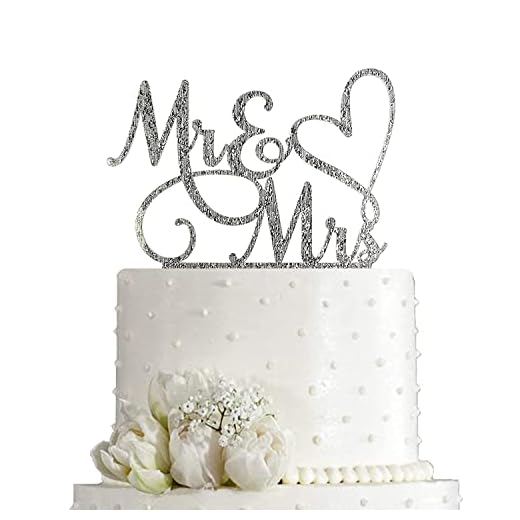 AMINJIE Mr and Mrs Cake Topper Decoration For Bride and Groom Sign Wedding/Engagement , Silver Glitter Acrylic