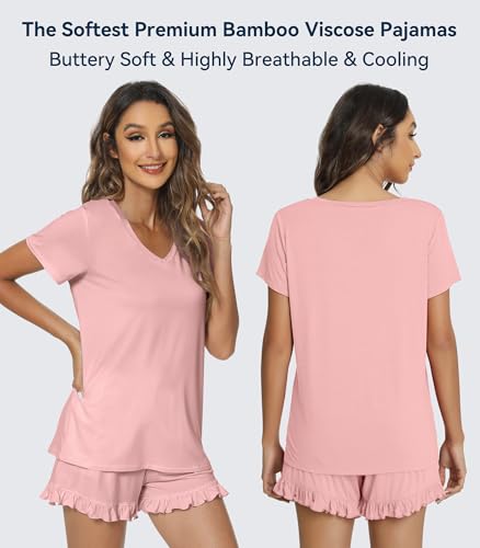 Image of WiWi Womens Pajamas Set Bamboo Viscose Super Soft Short Sleeve Top Ruffle Shorts Sleepwear Cooling Pj Sets S-XXL