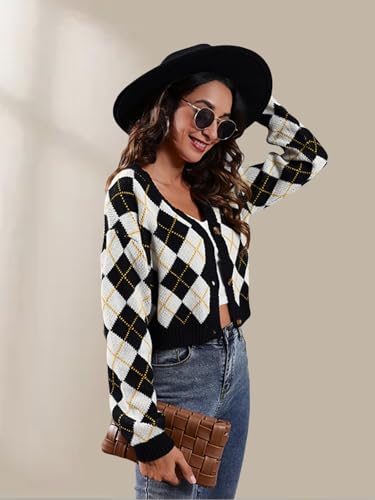 Image of Wowcarbazole Women's Knit Cardigan Sweaters Long Sleeve Argyle Open Front Button Down V Neck Cropped Coats Casual Trendy Tops(Apricot Black-M)