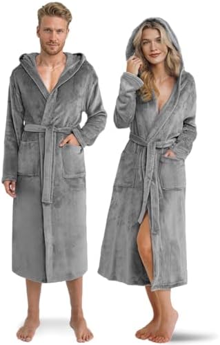 Twinzen Damen & Herren Kuschelfleece Morgenmantel mit Kapuze S - Schwarz - Weich, Warm & Bequem - Öko-Tex Standard 100 Zertifiziert