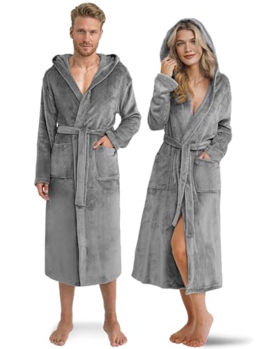 Twinzen Damen & Herren Kuschelfleece Morgenmantel mit Kapuze L - Grau - Weich, Warm & Bequem - Öko-Tex Standard 100 zertifiziert