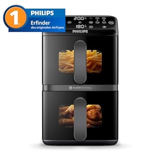 Philips Airfryer 4000 Series Stacked Dual Basket, Gestapelte Heißluftfritteuse mit 2 Körben, 10L, RapidAir Technologie, 45% weniger Platzbedarf, PFAS-freie Keramikbeschichtung, Sichtfenster (NA460/00)