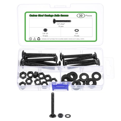 sourcing map 10 Set Carriage Bolts and Nuts Kit, 1/4-20x2 Carbon Steel Round Head Square Neck Carriage Bolts Screws and Hex Nuts and Flat Washers - Black