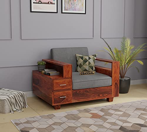 Image of Solid Sheesham Wood Sofa Set 1 Seater Sofa Sets for Living Room, One Seater Sofa Set with Attached End Table, 2 Drawer Storage, Honey Finish