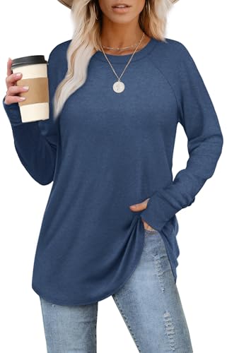 Image of XIEERDUO Womens Tunic Tops to Wear with Leggings Long Sleeve Thumb Hole Shirts Crew Neck Curved Hem
