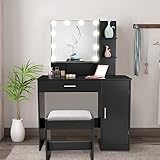 USIKEY Vanity Table Set with 10 Light Bulbs, Makeup Table with 1 Large Drawer & 1 Storage Cabinet, Dressing Vanity Table, Dresser Desk with Cushioned Stool for Bedroom, Bathroom, Black