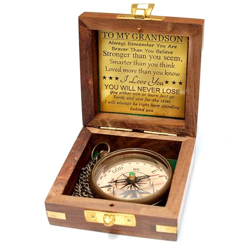 Brújula grabada sólida de latón con caja de madera miniatura 7
