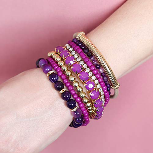 Riah Fashion Multi Color Stretch Beaded Stackable Bracelets - Layering Bead Strand Statement Wrap Bangles (Natural Stone - Purple Amethyst, 8.0 Inches) #TOP2