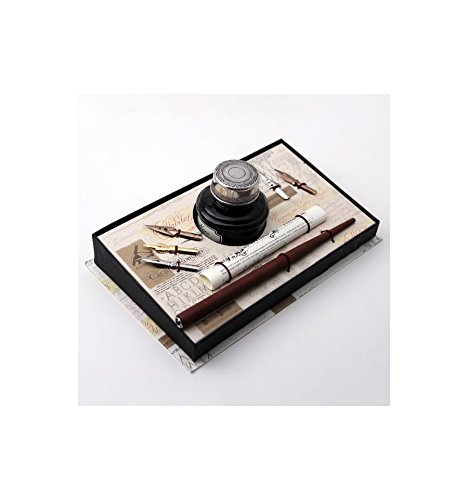 Regalos007 Schreibset mit Holzfeder, 5 Federn und Tintenfass