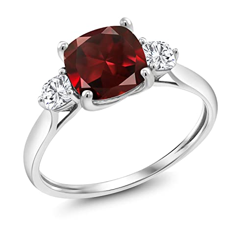 Gem Stone King 10K White Gold Red Garnet and White Moissanite 3 Stone Engagement Ring For Women (2.11 Cttw, Cushion 7MM, Gemstone January Birthstone)3