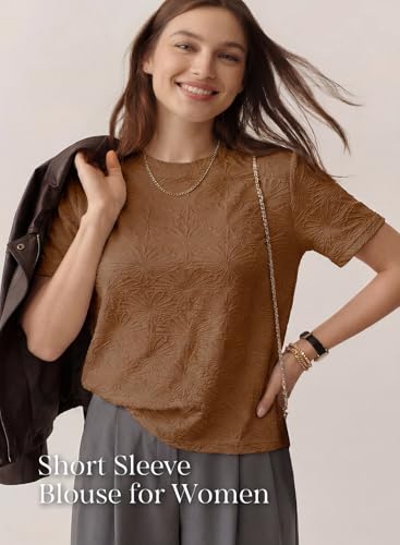 Dokotoo Women's Casual Floral Tops Oversized Short Sleeve Solid Color Top 2026 Round Neck Loose Fit Cute T Shirt Blouse Summer Casual Fashion Shirt for Women Coffee Medium — view 2