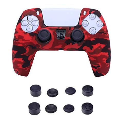 Silicone Cover Skin Case Accessories for Sony PS5 Controller with Pro Thumb Grips Caps Set Camo Red Cover