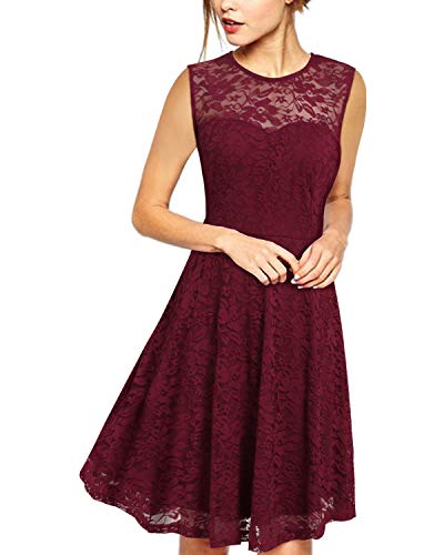 ZANZEA Mujer Vestido Encaje Elegante Cóctel Fiesta Sin Mangas Vestido con Cuello Redondo Sin Mangas Vino Rojo 3XL