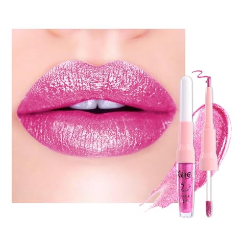 Image of evpct Hot Pink Metallic Glitter Lip Liner and Lipstick Combo Lip Gloss Stain Set Makeup for Women Long Lasting Waterproof 24, Rose Pink Frosted Metallic Shimmer Glossy iridescent Liquid Lipstick 07