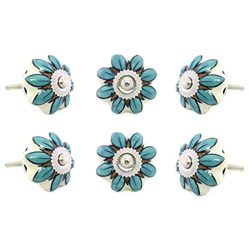 EYES OF INDIA - Cerámica Puerta Armario Cómoda Armario Pomos Tiradores Decorativo Shabby Chic de Colores Boho Bohemio Adorno Hecho a Mano - Azul Claro #6, Set of 6 Cover