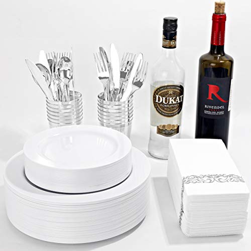 Liacere 350 Piece White Plastic Plates With Silver Plastic Silverware & Cups,Napkins,50 Guest White Disposable Plates Include 100Plates,50Forks,50Knives,50Spoons,50Cups,50Napkins For Wedding&Parties #TOP5