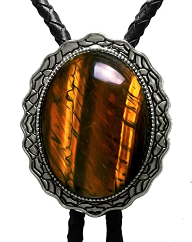 Image of Moranse Bolo Tie with Natural Tiger Eye Stone Celtic Style Genuine and Cowhide Rope