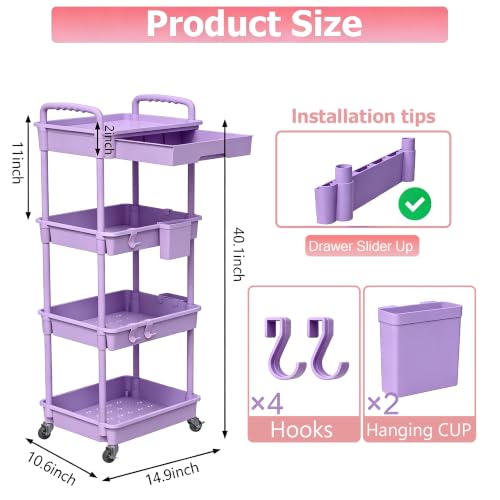 Image of REBECAT 4 Tier Rolling Cart with Drawer, Utility Storage Cart on Wheels for Kitchen, Bathroom, Living Room,Office(Purple)