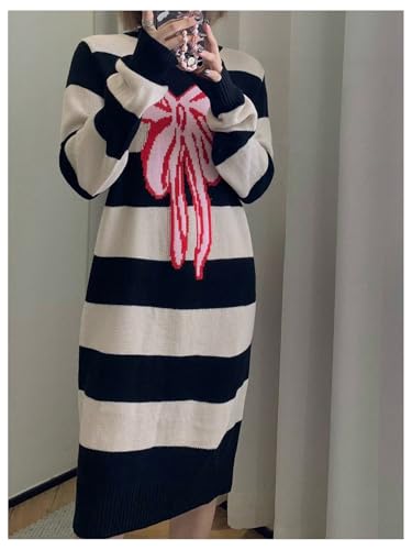 Image of MakeMeChic Women's Y2k Bow Sweaters Striped Crew Neck Long Sleeve Knit Oversized Sweater Pullover Top Black Large