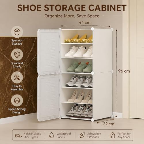 Image of Plastic Shoe Rack for Home with Door | 6-Shelf DIY Shoe Cabinet Organiser | Stores 12 Pairs | Foldable & Waterproof Shoe Stand for Entryway, Bedroom (White-HV1, 6-Layer)