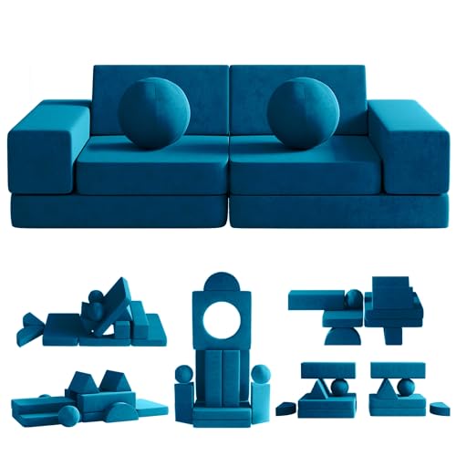 Image of Kids Couch, 12PCS Toddler Couch with 2 Balls and Tunnel, Modular Kids Couch for Playroom, Kids Play Couch for Kickball Game, 30+ Creative Gameplay Couch for Kids (Navy)