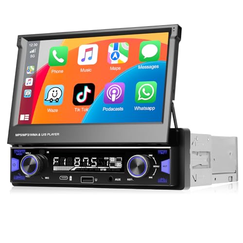 Autoradio 1 DIN Motorsi A-pple CarPlay écran Tactile Rétractable HD 7 Pouces, Bluetooth, FM/AM, Rétroéclairage Coloré, égaliseur, Ports USB et Type-C, Charge Rapide et Caméra de Recul