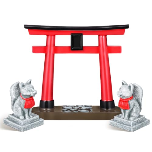 POPETPOP Cancello giapponese Shinto-Tori E Santuario Inari Santa Volpe Set Figure Statua Asiatica Acquario Cancello in Miniatura Cancello Decorazione Acquario Ponte Accessori da Giardino Zen