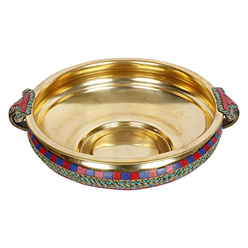 ARTVARKO Multicolor Gemstone Handwork Brass Traditional Urli Bowl Showpiece for Floating Flowers and Candles Home and Office Decoration Diwali Gift Height 12 Inches