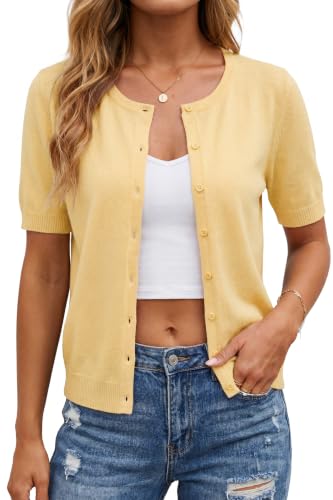 Image of Arach&Cloz Women's Wool Blend Cropped Lightweight Short Sleeve Summer Business Casual Cardigan Tops