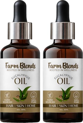 Image of Farm Blends Eucalyptus Essential Oil 100% Undiluted Pure | Steam Inhalation, Cough Relief, Relaxes Muscle, Anti Dandruff, Diffuser | Farm To Home | Natural Nilgiri Oil | Eucalyptus globulus|30ML + 30ML (Pack of 2)