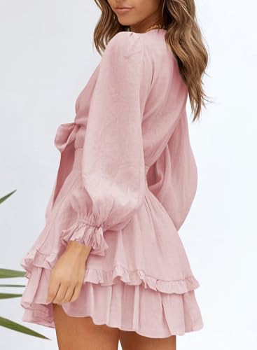 Image of Dokotoo Womens Casual Spring Fall 2025 Deep V Neck Knotted Tiered Chiffon Elegant Mini Short Swing Skater Dresses