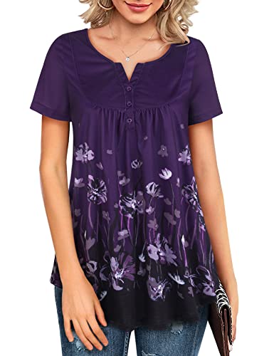 Bebonnie Plus Size Tops for Women Summer Casual Blouses and Tops Dressy Blouses & Button Down Shirts XXXL Women's Shirts,Women's Vintage Short Sleeve V Neck Pleated Tunic Shirt Multicolor Violet XXXL