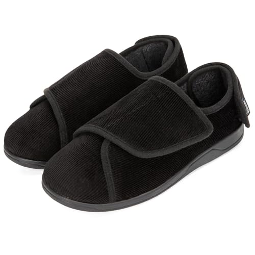 HomeTop Men's Wide Fit Corduroy Slippers, Adjustable Hook & Loop with Memory Foam for Indoor Comfort Black, 7 UK