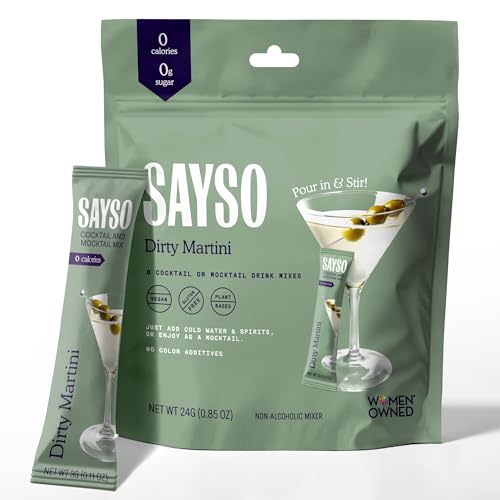 SAYSO Dirty Martini Cocktail Sticks | Craft Cocktail or Mocktail in 1 Min, Just Add Water + Spirits (0g Sugar, 0 Calories, Vegan, Gluten-Free, Kosher, Non-GMO), 8 Single-Serve Mixers