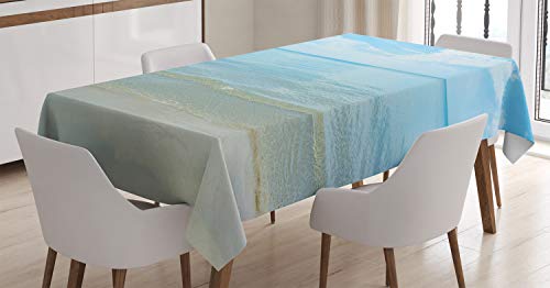 Ambesonne Ocean Tablecloth, Sunny Summer Day at The Sandy Beach Tranquil Calm Shore Sea Horizon Image Artprint, Rectangular Table Cover for Dining Room Kitchen Decor, 52" X 70", Blue Cream