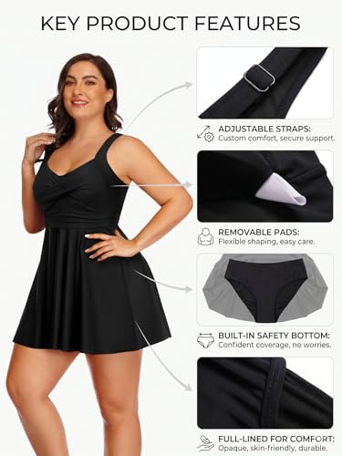 Image of Plus Size One Piece Swim Dress Flowy Swimsuits Tummy Control Bathing Suit | Quick Dry,Adjustable Shoulder Straps,Built-in Brief